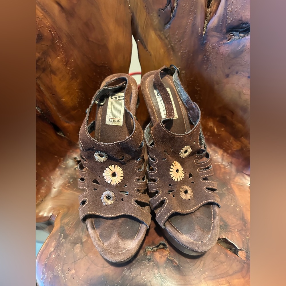 🤩Brown Suede Wooden 5 inch Platform Super Comfy 🌼 Floral Platform Shoes - Picture 9 of 14